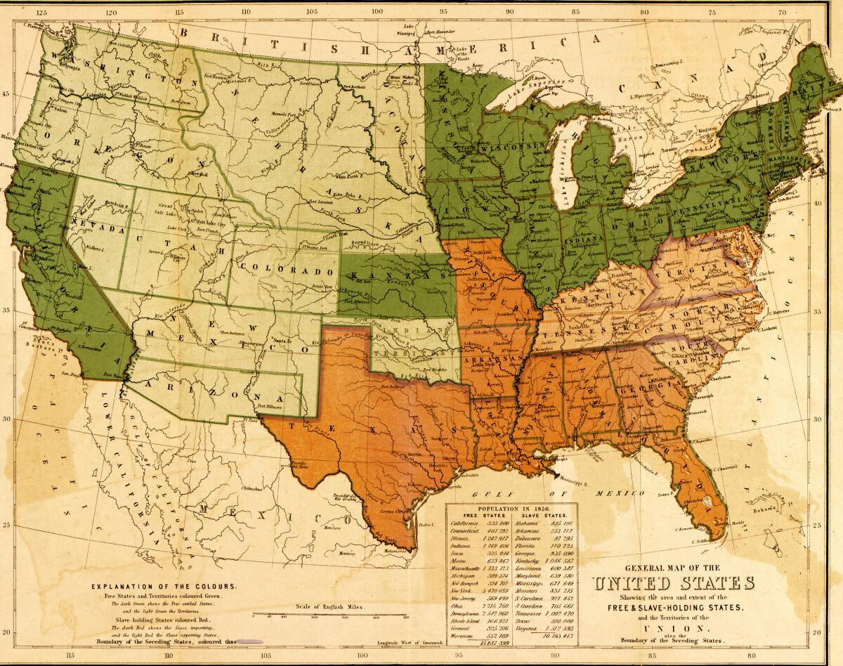 A map of the United States, showing the distinctions and boundaries between slave-holding and free states 