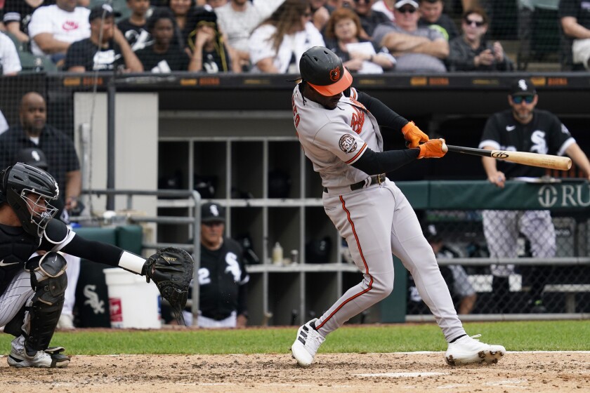 Baltimore Orioles' Jorge Mateo hits a double during the fifth inning of a baseball game against the Chicago White Sox in Chicago, Saturday, June 25, 2022. (AP Photo/Nam Y. Huh)