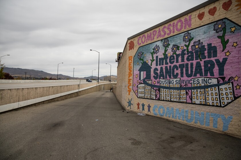 An alley between the Interfaith Sanctuary and Interstate 184 in Boise.
