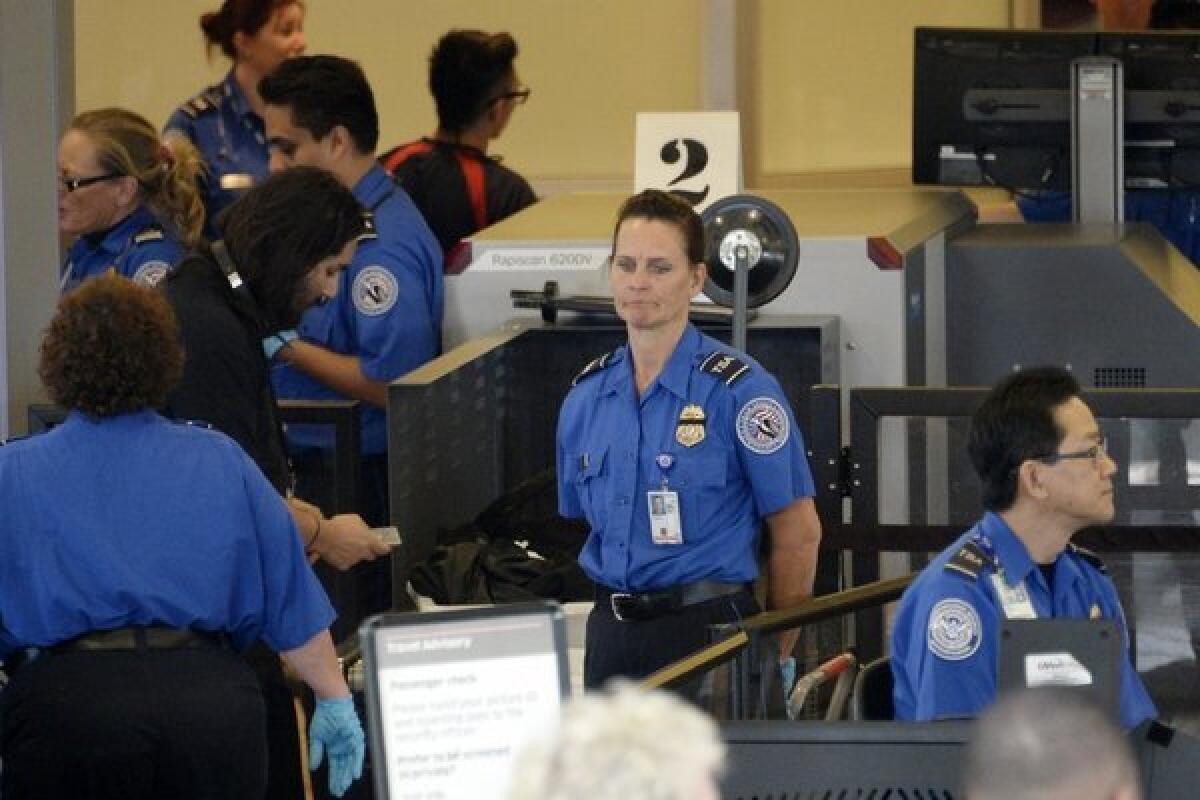Travelers are screened by Transportation Security Administration agents after Terminal 3 was reopened Saturday, a day after the shooting at LAX. The union representing TSA agents wants some of its members to be armed.