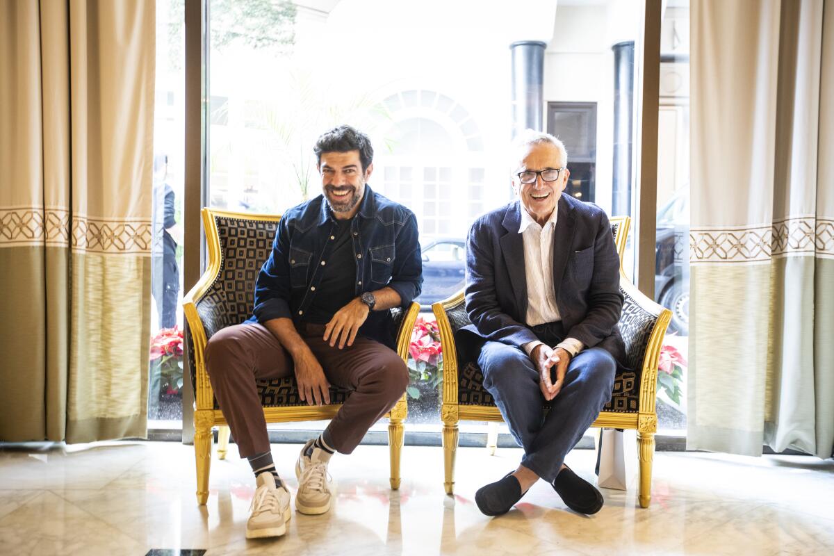 Pierfrancesco Favino, left, who plays the titular "Traitor," and director Marco Bellochio at the Beverly Wilshire Hotel on Nov. 15, 2019.
