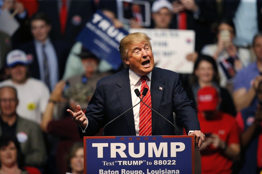 En esta imagen del 11 de febrero de 2016, el empresario Donald Trump, aspirante a la candidatura republicana a la presidencia, durante un acto de campaña en Baton Rouge, Louisiana, EE.UU. (AP Foto/Gerald Herbert)