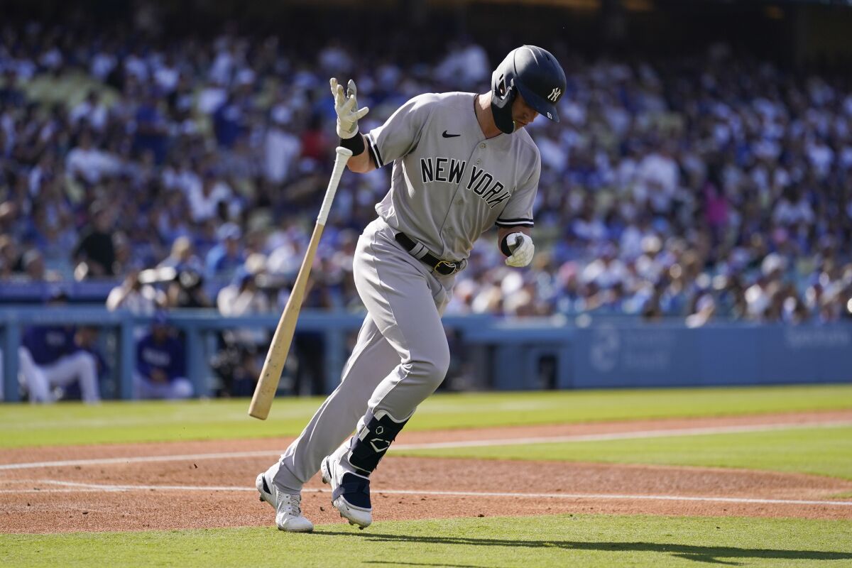 The Yankees' Jake Bauers drops his bat after he hit a two-run, second-inning home run June 3, 2023.