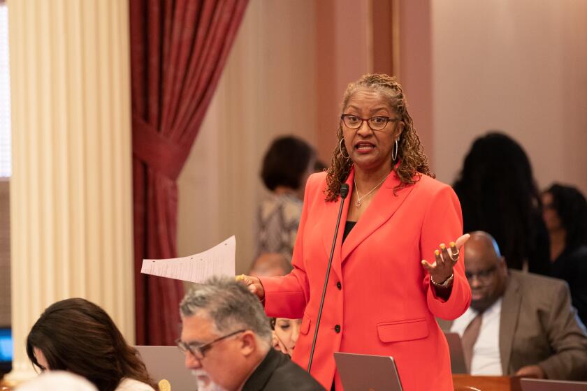 SACRAMENTO CA SEPTEMBER 9, 2019 -- Sen. Holly Mitchell (D-Los Angeles) discusses legislation during Senate floor debate at the state Capitol on Aug. 29, 2019. (Robert Gourley / Los Angeles Times)