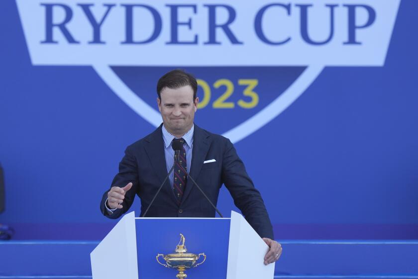 United States' Team Captain Zach Johnson gestures as he makes a speech during the Ryder Cup opening ceremony at the Marco Simone Golf Club in Guidonia Montecelio, Italy, Thursday, Sept. 28, 2023. The Ryder Cup starts Sept. 29, at the Marco Simone Golf Club. (AP Photo/Andrew Medichini)