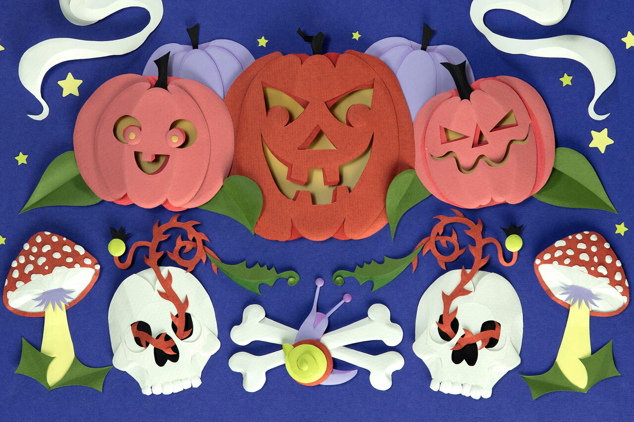 papercraft illustration of a pumpkin patch at night with toadstools, skulls and snail