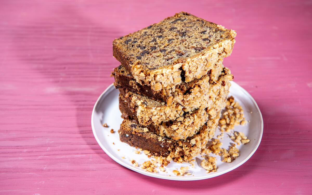 A stack of slices of Valerie Confections Vegan Banana Bread on a plate