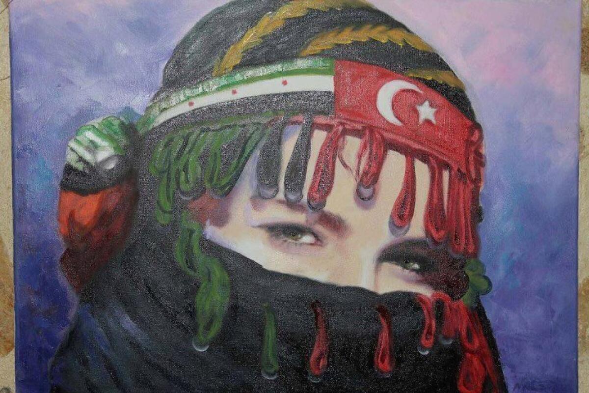 Haj Kadour has only recently begun drawing inspiration from the Syrian uprising. His most recent painting, shown here in an undated photograph provided by his family, is of a woman sporting both the Syrian opposition and Turkish flags.