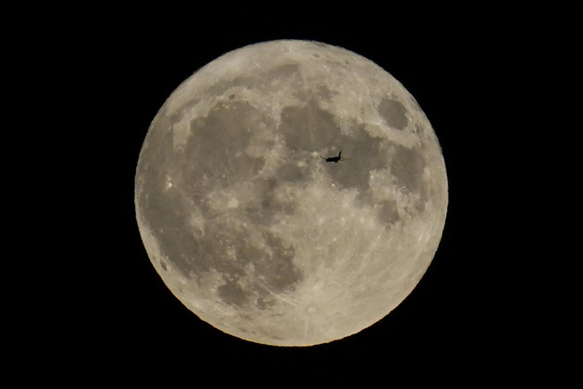 ARCHIVO - Un avión pasa frente a la Luna el 30 de agosto de 2023, en Chicago.