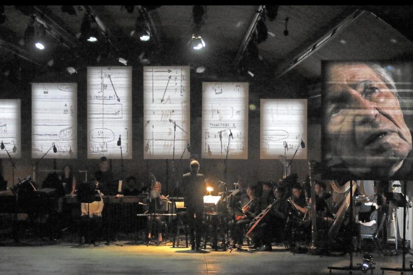 Portrait of Pierre Boulez, right, is part of the Ojai Music Festival’s Frank Gehry-designed multimedia set.