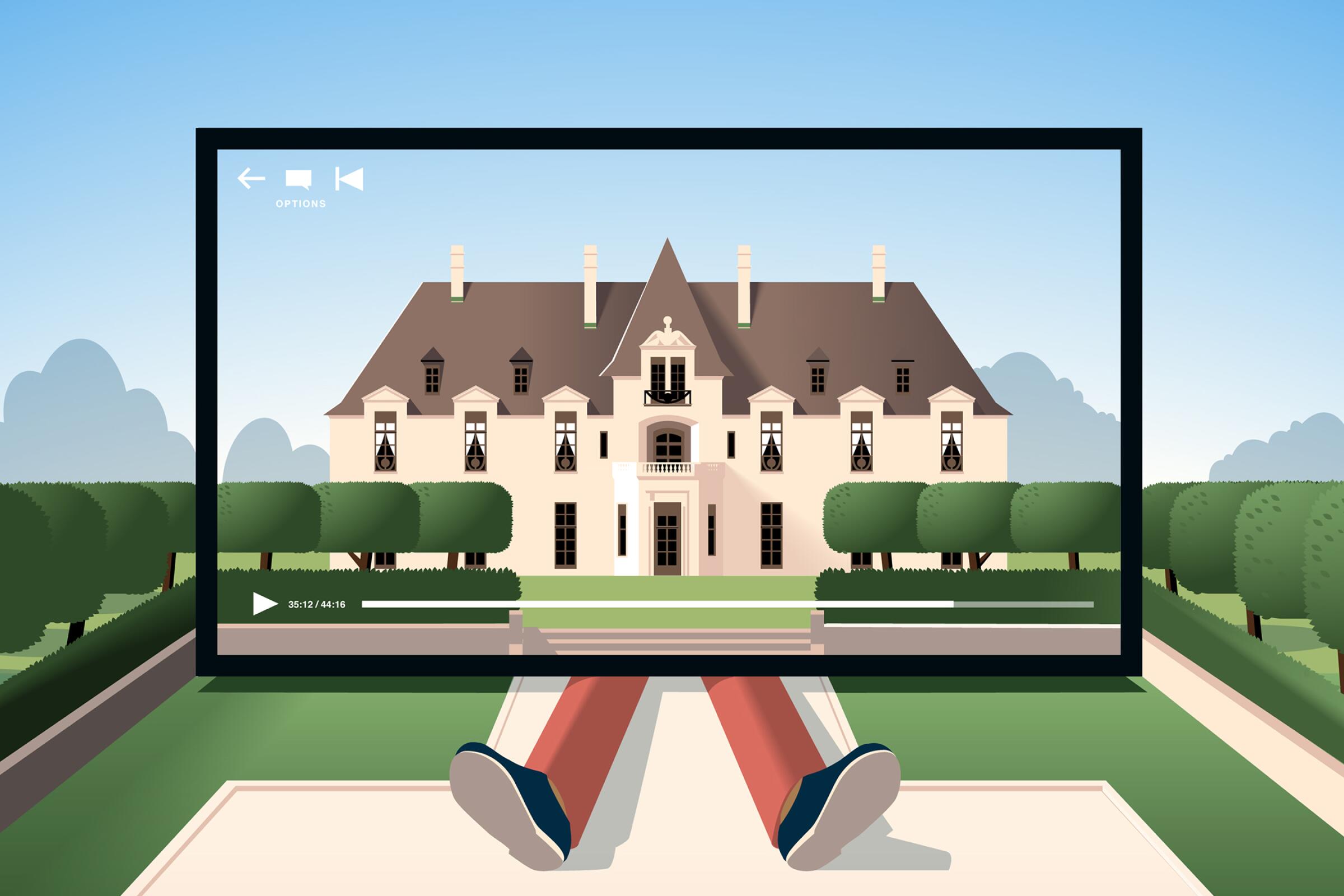 Illustration of a mansion on a TV screen with the legs of a person sticking out from under the TV. Lush grounds surround.
