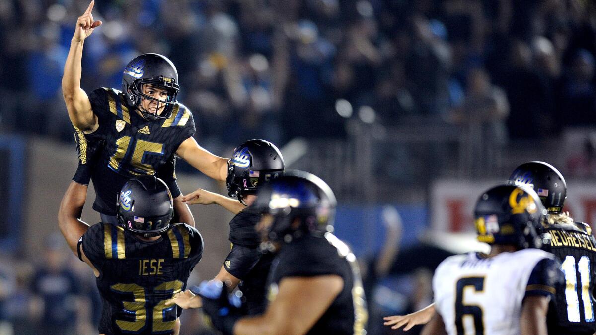 UCLA kicker Ka'imi Fairbairn (15) celebrates his 60-yard field against California at the end of the first half at the Rose Bowl on Oct. 22.