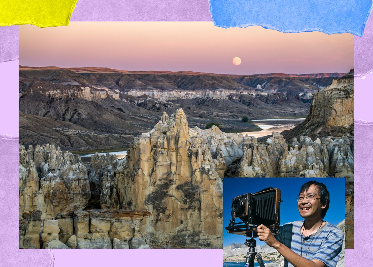 Photo illustration of a river running through a vast canyon, and a man taking a photograph with an old-style camera 