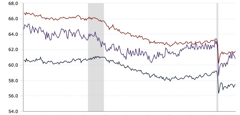 Chart shows labor force participation fell during the pandemic, especially for black workers and women, but is rebounding