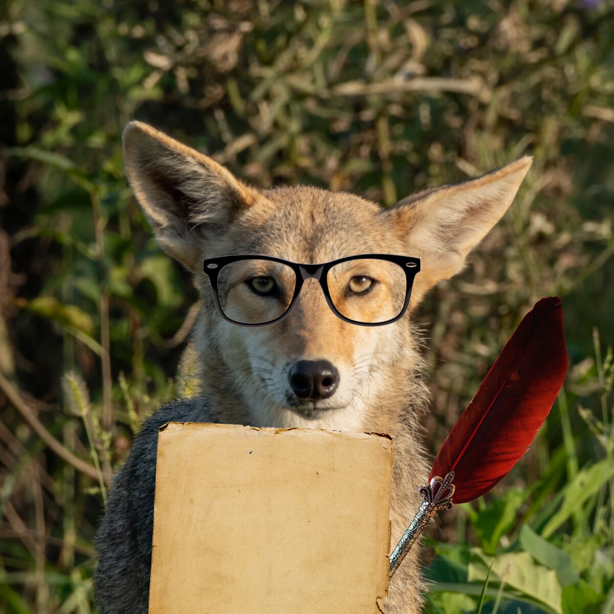 A coyote is wearing glasses and holding parchment paper and a feather quill.
