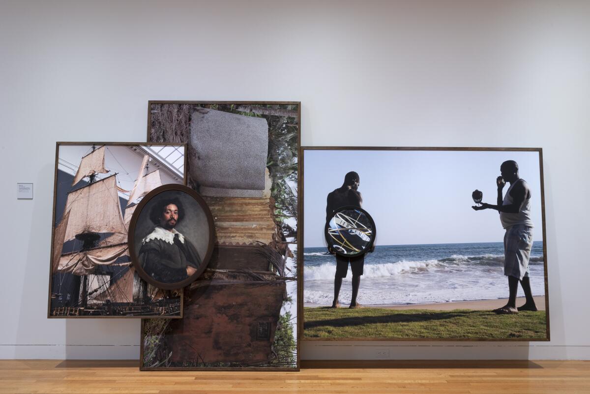 A Todd Gray three-dimensional collage of photos with Black men on a beach, a ship and Velazquez's painting of Juan de Pareja.