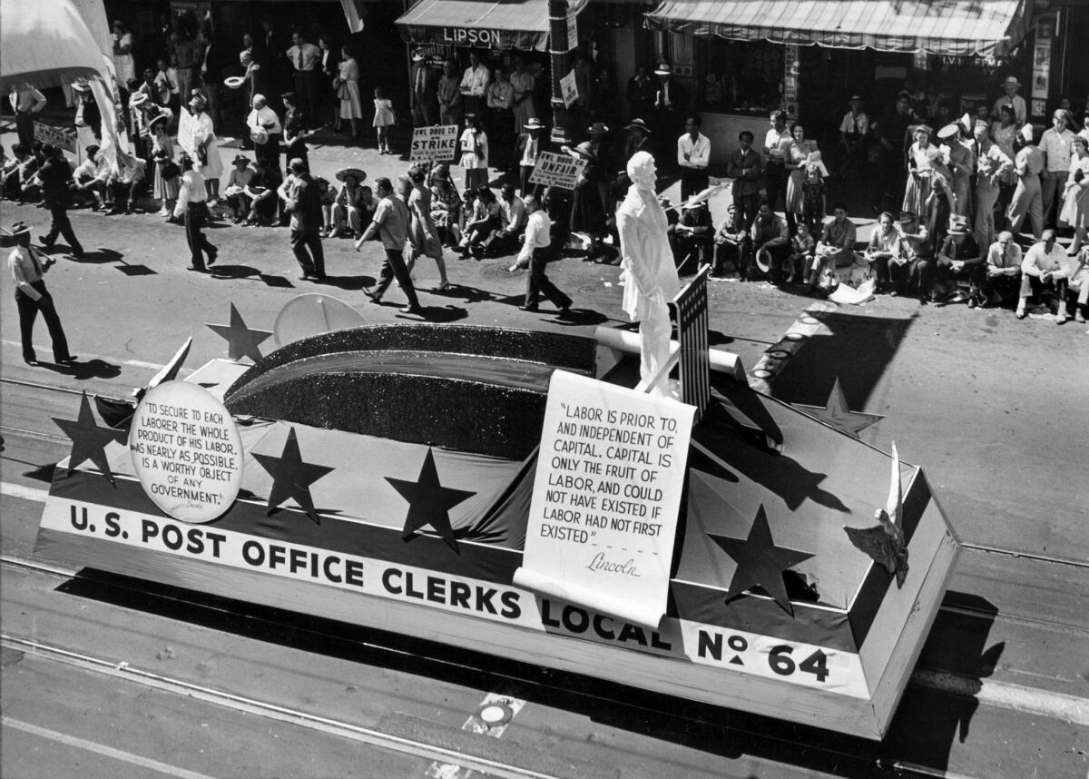 Sept. 1, 1941: Letter carriers and postal clerks had both marching units and a float in the 1941 Labor Day parade. The Times estimated that 150,000 marched in the parade, which took six hours to pass the reviewing stand at Los Angeles City Hall.