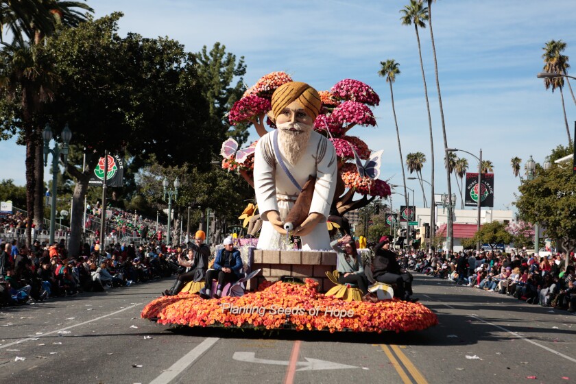 The Sikh American Float Foundation's entry makes its way along the Rose Bowl Parade route on New Year's Day.