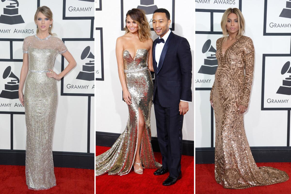 Metallic standouts Taylor Swift, from left, Chrissy Teigen with husband John Legend, and Ciara.