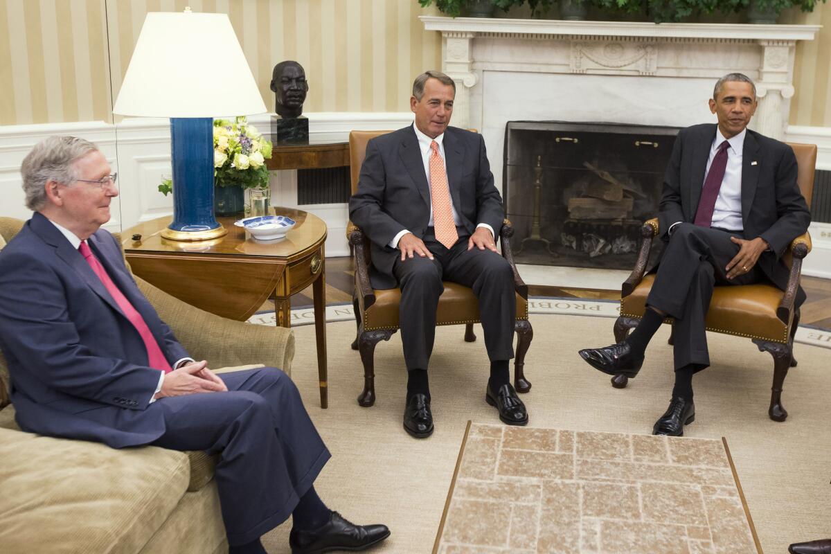 Senate GOP leader Mitch McConnell of Kentucky, left, and House Speaker John Boehner of Ohio meet with President Obama in September.