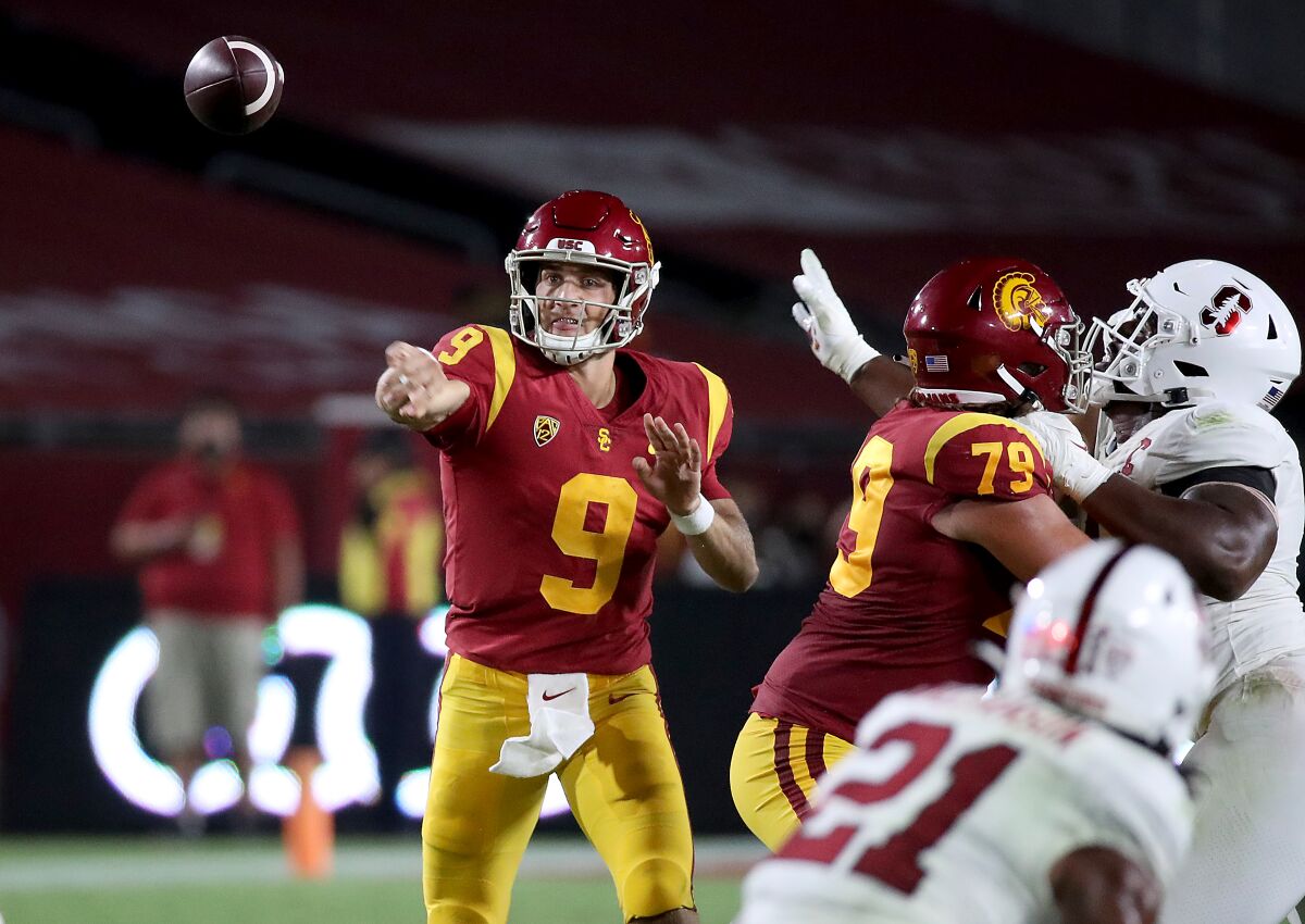 USC quarterback Kedon Slovis throws a pass during a loss to Stanford.