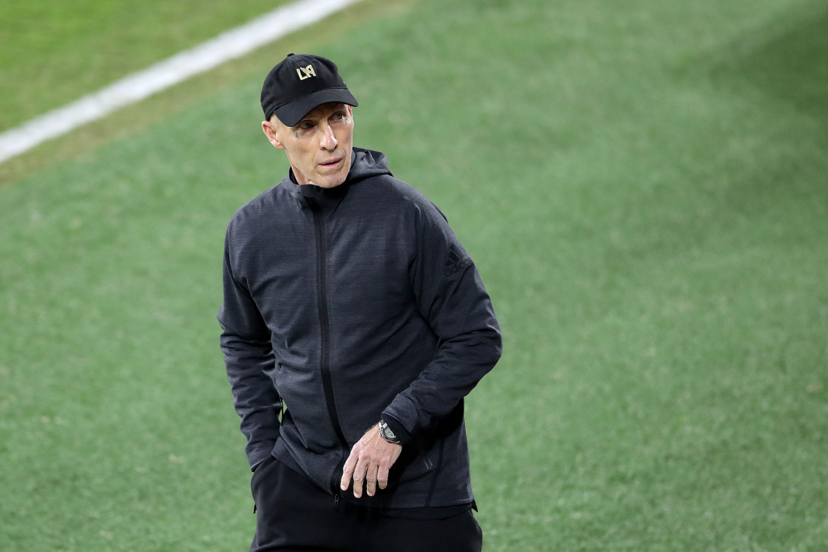 LAFC coach Bob Bradley reacts to a call during a CONCACAF Champions League semifinal win.