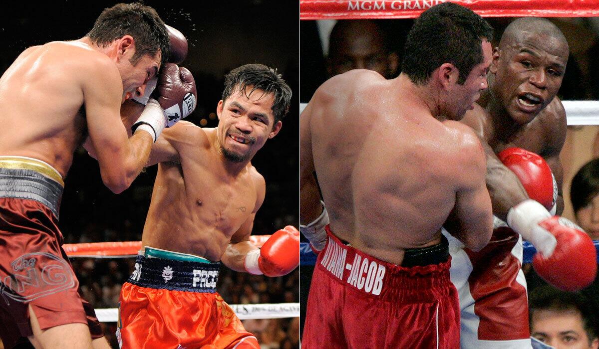 Boxing great Oscar De La Hoya has fought against -- and lost to -- Manny Pacquiao, left, and Floyd Mayweather Jr.