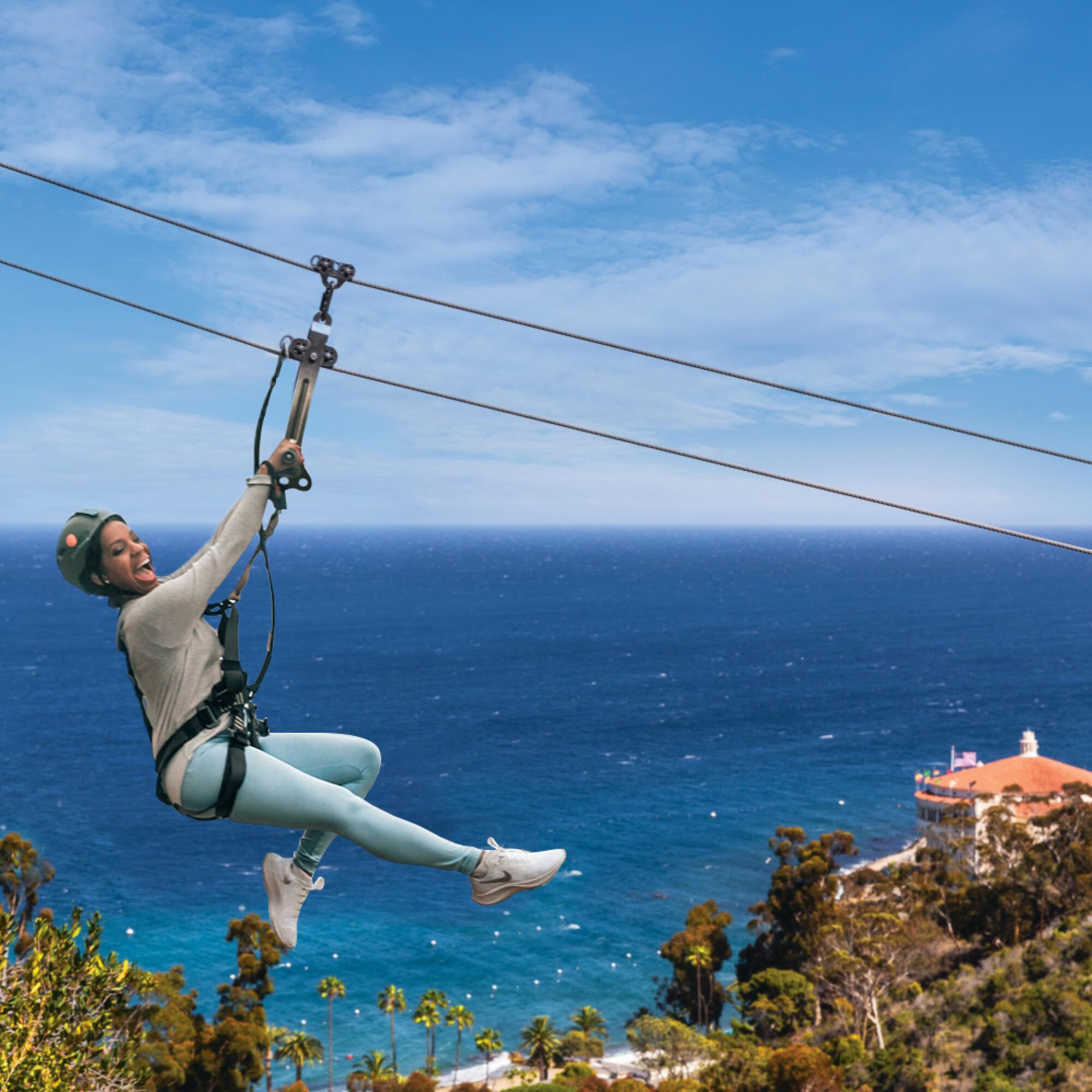 A woman zip lining.