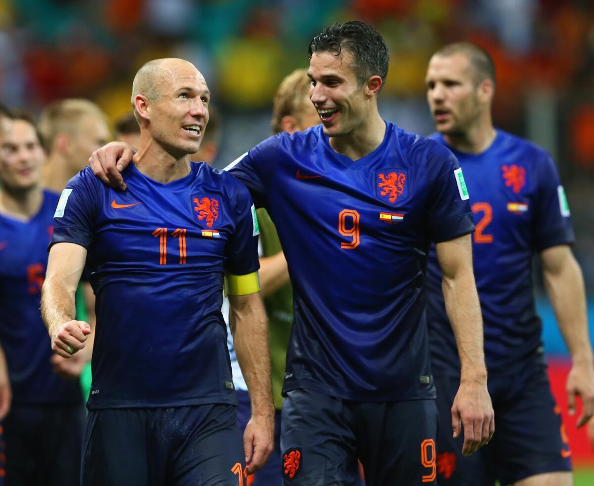 Netherlands celebrates its 5-1 win over Spain.