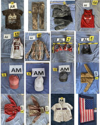 A montage of clothing items, ball caps and a U.S. flag