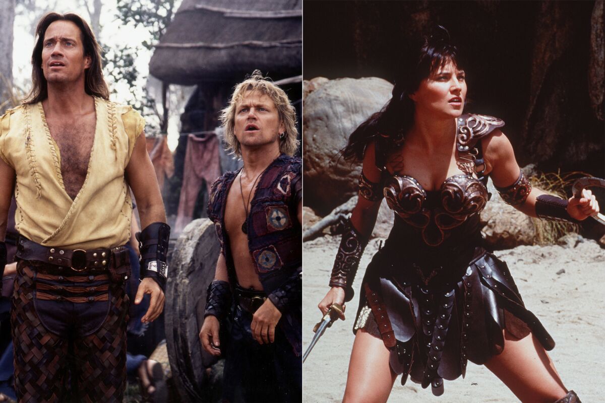 Kevin Sorbo, Michael Hurst and Lucy Lawless as their 1990s TV characters