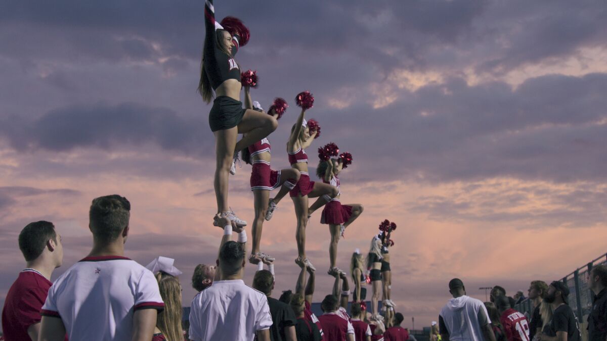Navarro College cheer squad in action in the Netflix documentary "Cheer."