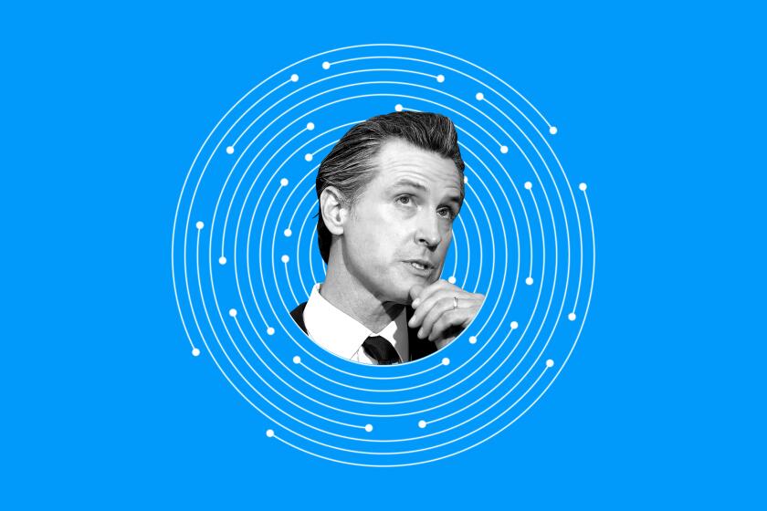 photo of Gavin Newsom surrounded by concentric circles and dots in a circuit.