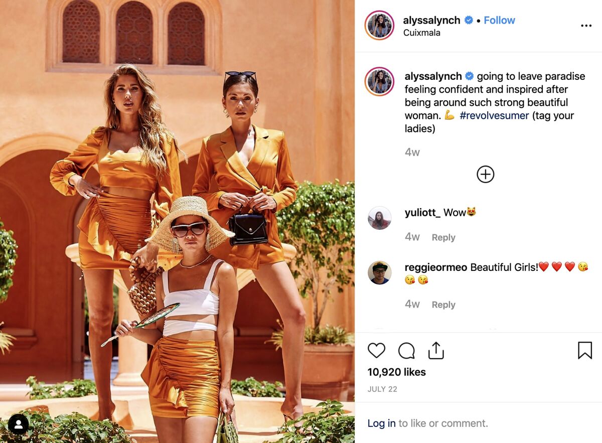 Influencer Alyssa Lynch’s Instagram page from a Revolve event