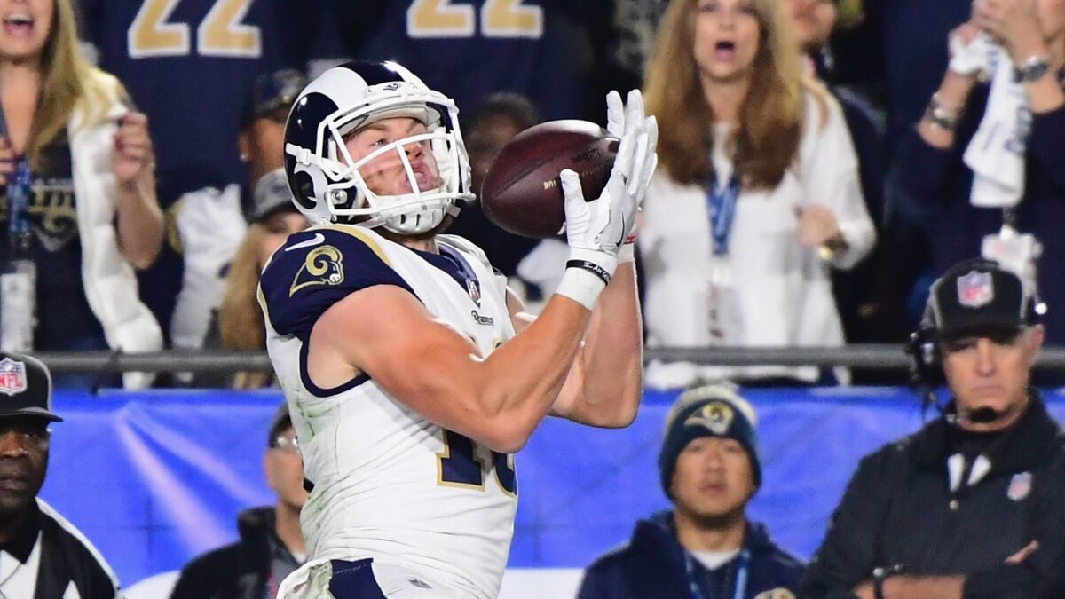 Rams receiver Cooper Kupp makes a catch for a touchdown against the Atlanta Falcons on Jan. 6.