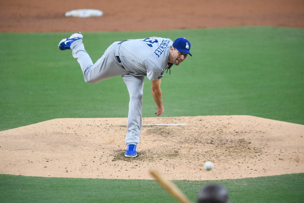 Dodgers pitcher Max Scherzer delivers against the Padres in the third inning Thursday.
