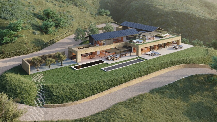 A rendering of a planned 12,000-square-foot modern mansion overlooking the Pacific Ocean.