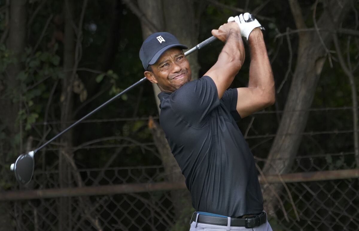 Tiger Woods watches a tee shot during the third round Aug. 29, 2020, at the BMW Championship.