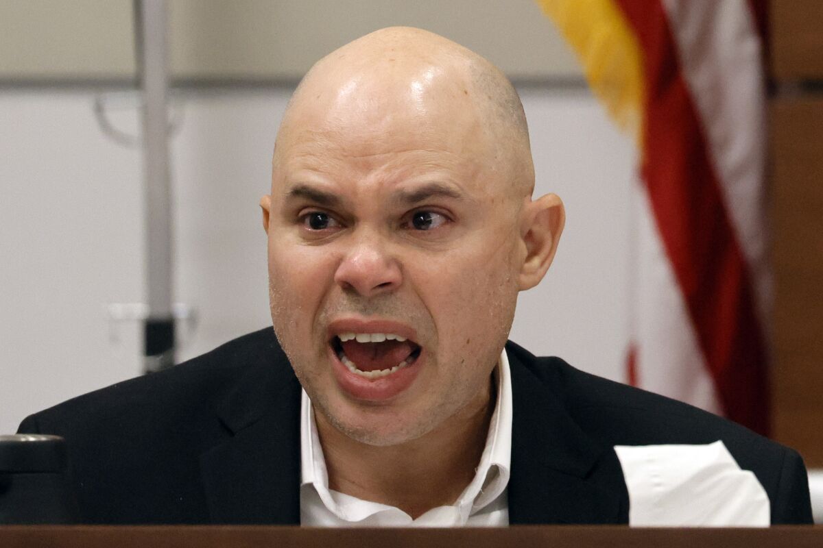 Ilan Alhadeff speaks angrily while giving his victim impact statement during the penalty phase of the trial of Marjory Stoneman Douglas High School shooter Nikolas Cruz at the Broward County Courthouse in Fort Lauderdale on Tuesday, Aug. 2, 2022. Alhadeff's daughter, Alyssa, was killed in the 2018 shootings. Cruz previously plead guilty to all 17 counts of premeditated murder and 17 counts of attempted murder in the 2018 shootings. (Amy Beth Bennett/South Florida Sun Sentinel via AP, Pool)