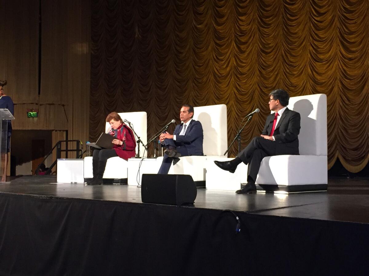 Delaine Eastin, left, Antonio Villaraigosa, center, and John Chiang spoke at a governor's candidate forum in Sacramento on Tuesday.