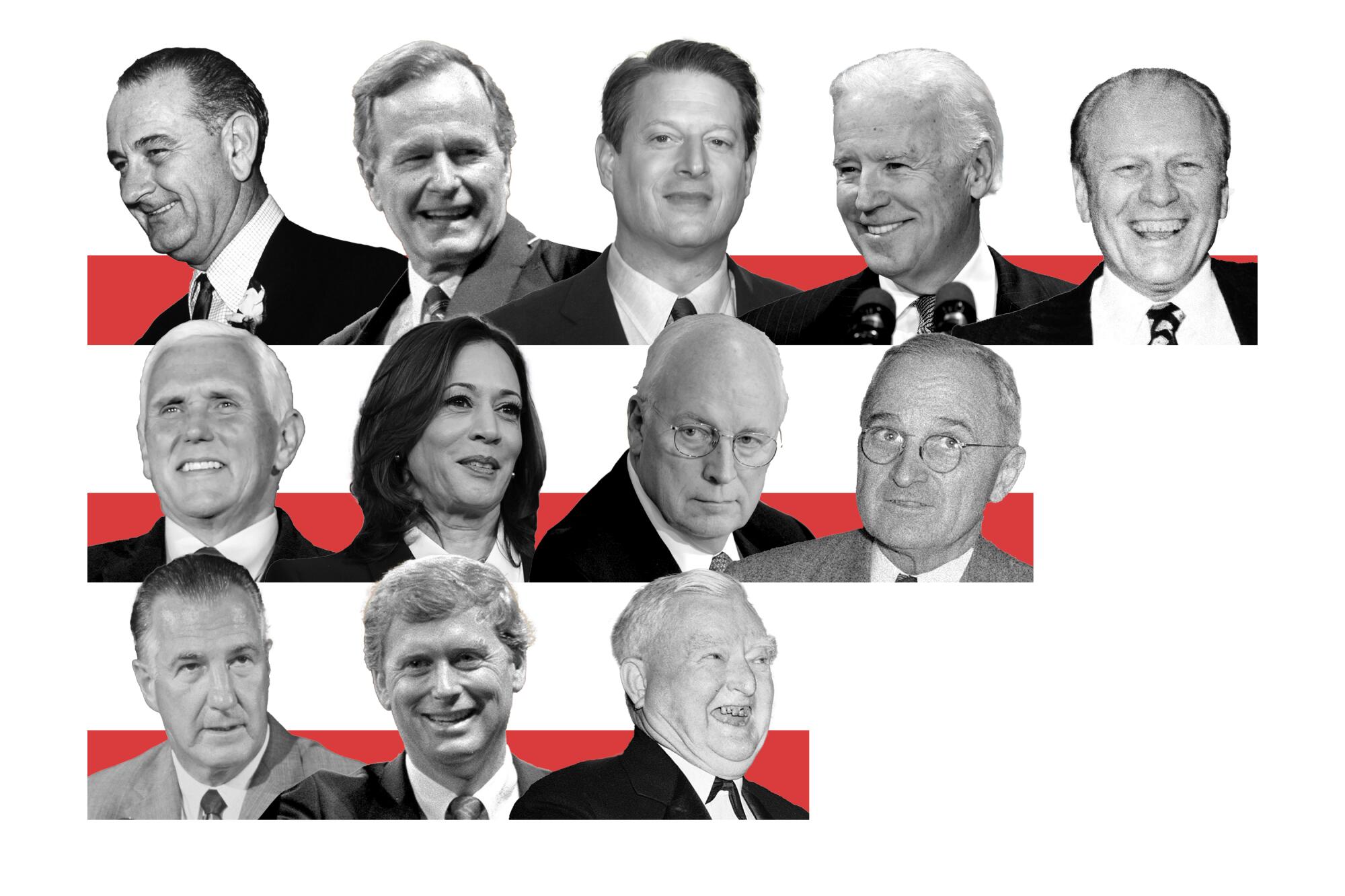 Horizontal red stripes of varying lengths featuring cutout heads of current and former vice presidents.