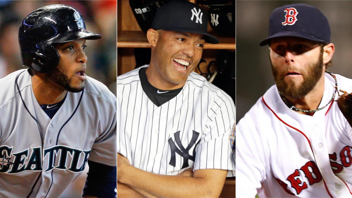 Former New York Yankees closer Mariano Rivera, center, plays favorites when it comes to ex-teammate Robinson Cano, left, and Boston Red Sox second baseman Dustin Pedroia, right.