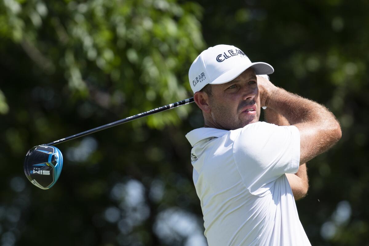 Charl Schwartzel tees off during the final round of the Byron Nelson on May 15, 2022. 