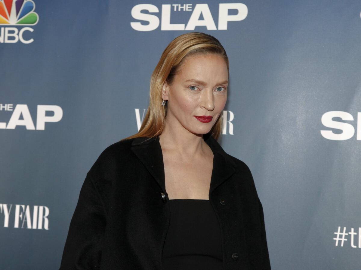 Uma Thurman attends NBC's "The Slap" mini-series premiere party at the New Museum on Monday in New York.