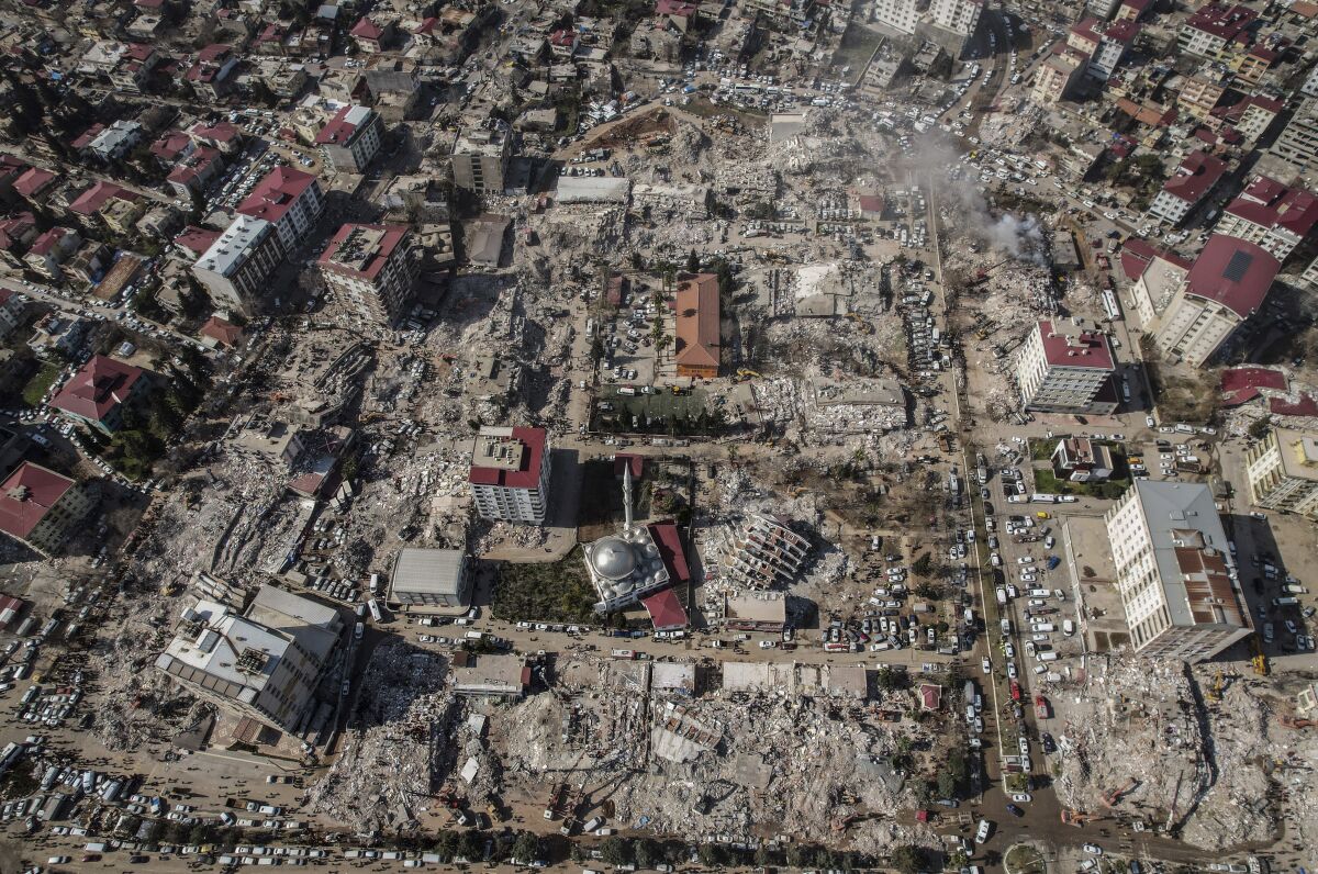Aerial photo showing the destruction in Kahramanmaras city center, southern Turkey on Thursday.