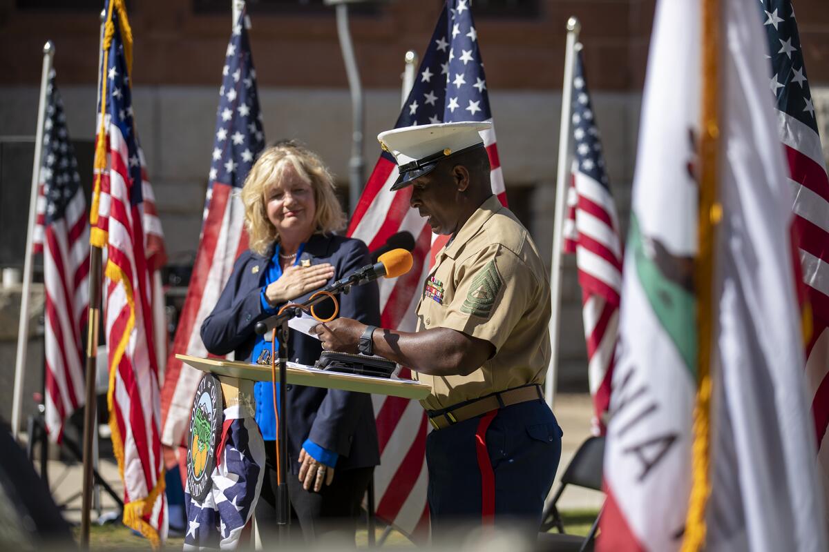  Mst. Sgt. with the U.S. Marine Corps retired Raymond Williamson speaks during a Flag Day celebration in 2022.