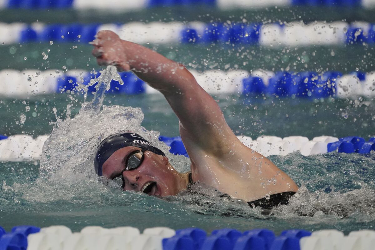 University of Pennsylvania transgender athlete Lia Thomas competes in the 500-yard freestyle finals at the NCAA Swimming and Diving Championships, Thursday, March 17, 2022, at Georgia Tech in Atlanta. (AP Photo/John Bazemore)