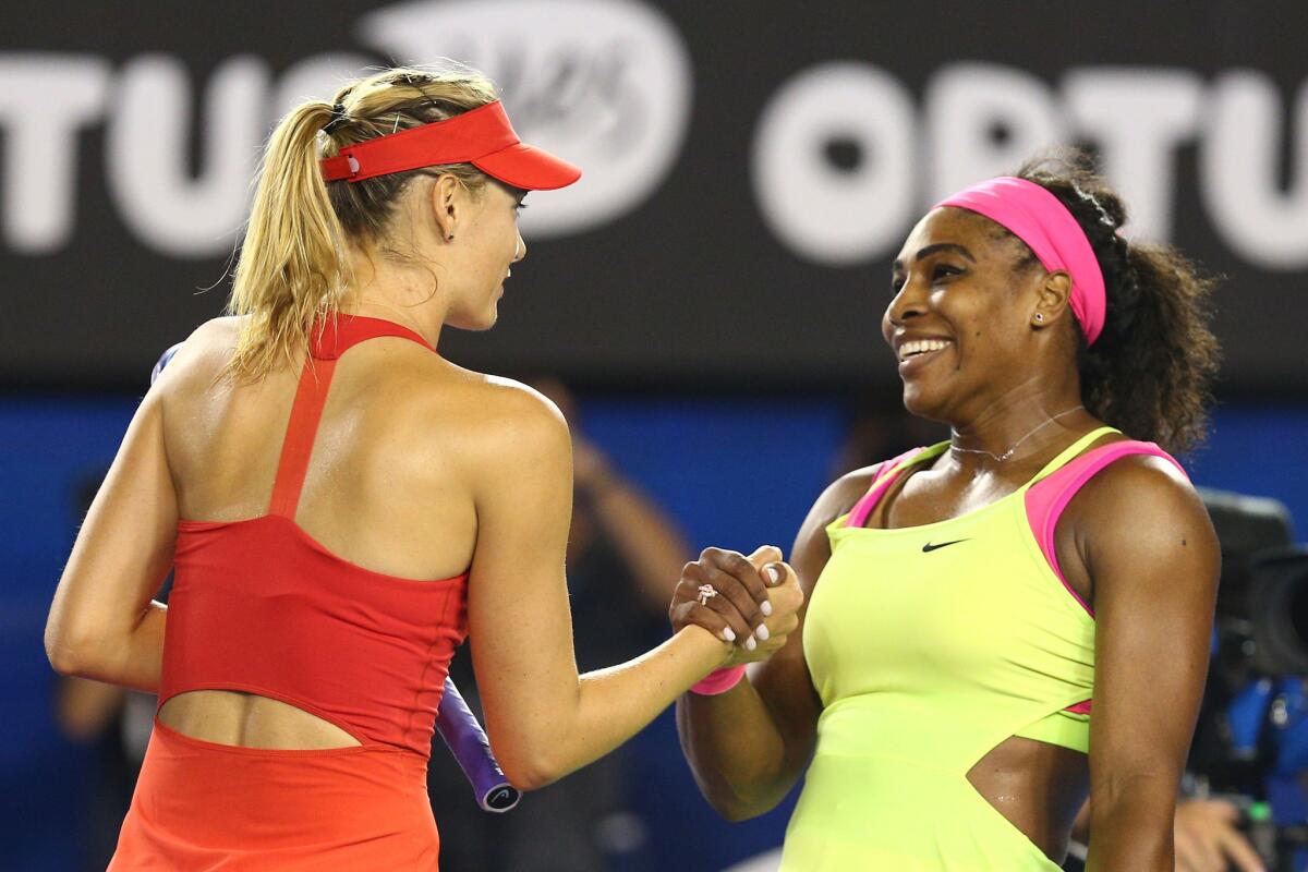 Maria Sharapova, left, and Serena Williams  will face each other in a first-round match at the U.S. Open.