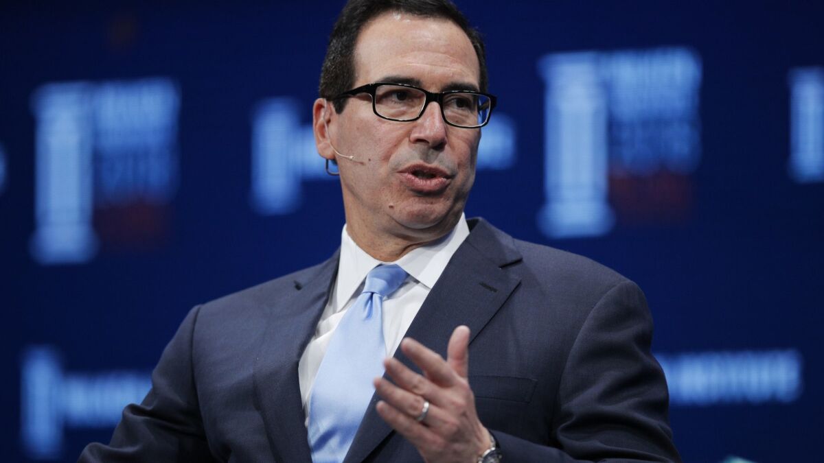 Treasury Secretary Steve Mnuchin speaks during a discussion at the Milken Institute Global Conference Monday, April 30, 2018, in Beverly Hills.