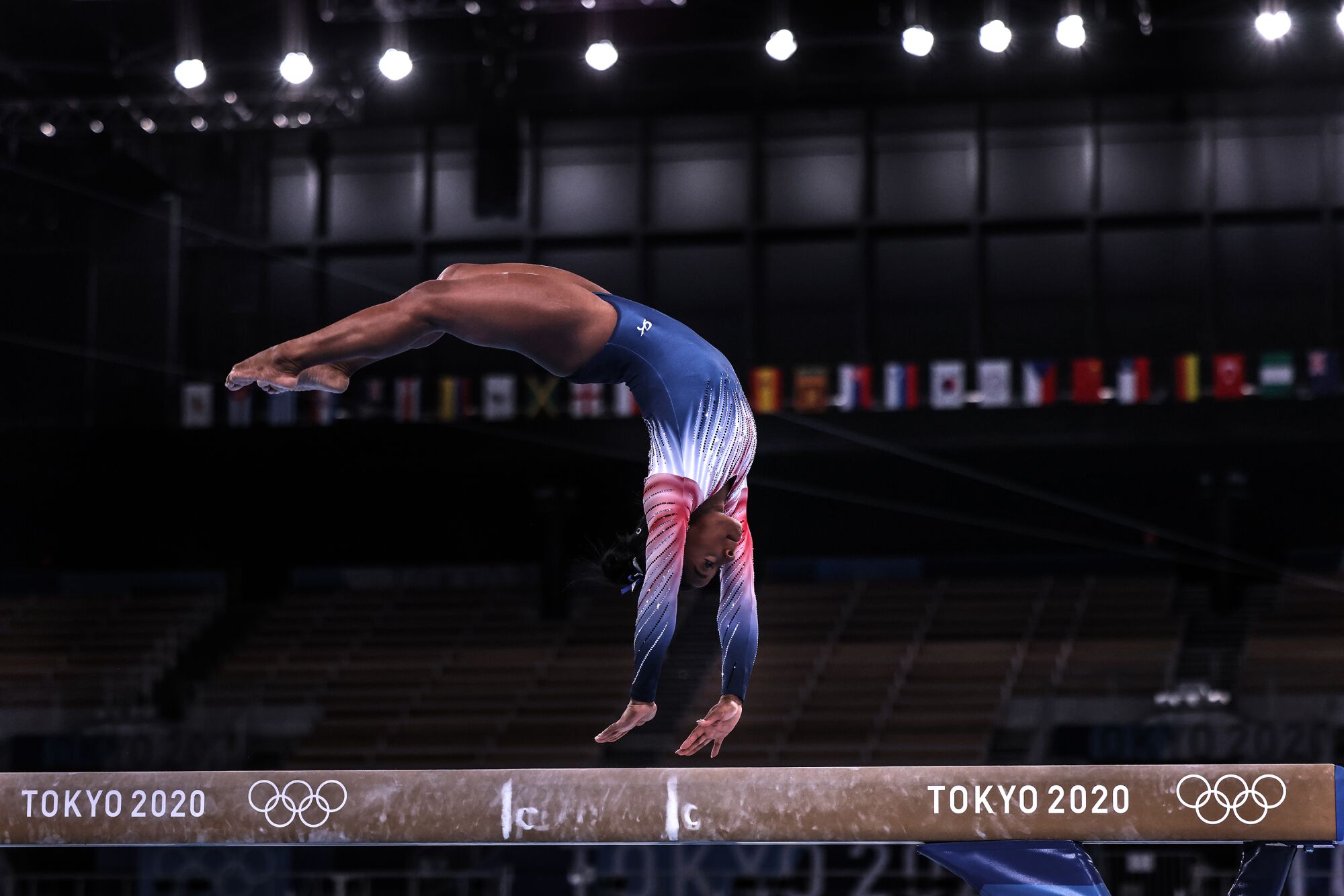 USA gymnast Simone Biles performs in the Tokyo 2020 Olympic Women's Balance Beam.